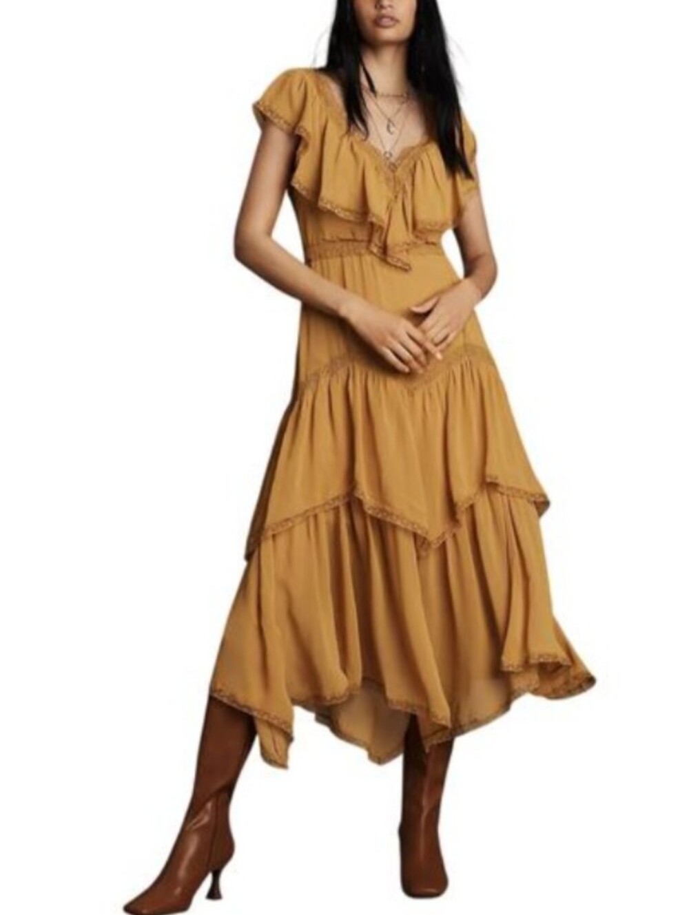 NEW Anthropologie Short Sleeve V Neck Ruffle Midi Dress S Fairy Whimsical